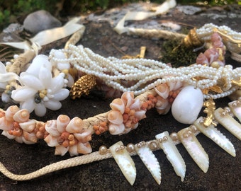 Vintage SHELL Necklace and Bracelet Collection - Instant Summer Jewelry Collection - BOHO Necklace - Mother of Pearl Choker - BRIDAL Jewelry