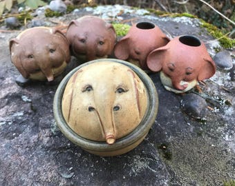 Vintage Ceramic Elephant Collection - Modern Mid Century Shakers, Candle Sticks, Dish - Folk Stonware - Japan / Danish Style - Pottery Decor