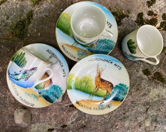 TRIO of Vintage MINI Deer Teacup and Saucer - Cabin Decor - Vintage Vacation - Man CAVE - Porcelain Ceramic  - Japan - Adirondack Mountains