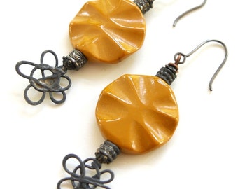 Rustic Boho Gold and Black Handmade Earrings - Gemstone Mookaite Slices and Atomic Metal Headpins - Shabby Chic GLAM Grunge