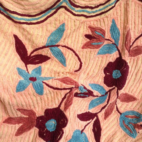 ONE DAY SALE - Vintage Chenille Bedspread - Shabby Chic Floral Picnic Blanket - Own a Piece of American History