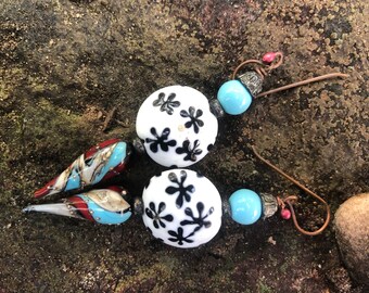 Artisan Glass Lampwork Floral Earrings - Black and White - Turquoise, Red, and Copper