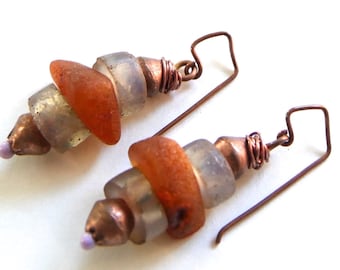 Antique European Opalescent Glass, Ethiopian Copper, and Vintage Amber Beaded Earrings - Handmade Lavender Enamel