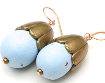 Clay Robin Blue Bird Egg EARRINGS Vintage Scalloped Brass Capped - Mothers Day Gift - Mothers Day Earrnings - BIRD Watcher - Robin Egg Blue