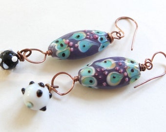 Shabby Chic Artisan Handmade Earrings - Lampwork Textured Glass Bead, Copper and Enamel, Black and White Bumpy Beads