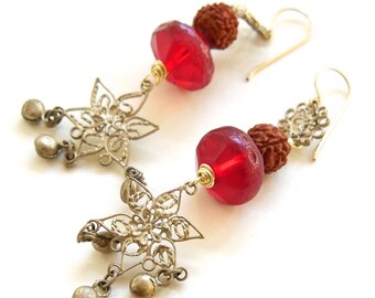 Handmade BOHO Earrings - Vintage Filigree Bell Earrings with Vintage Vaseline and Prayer Beads