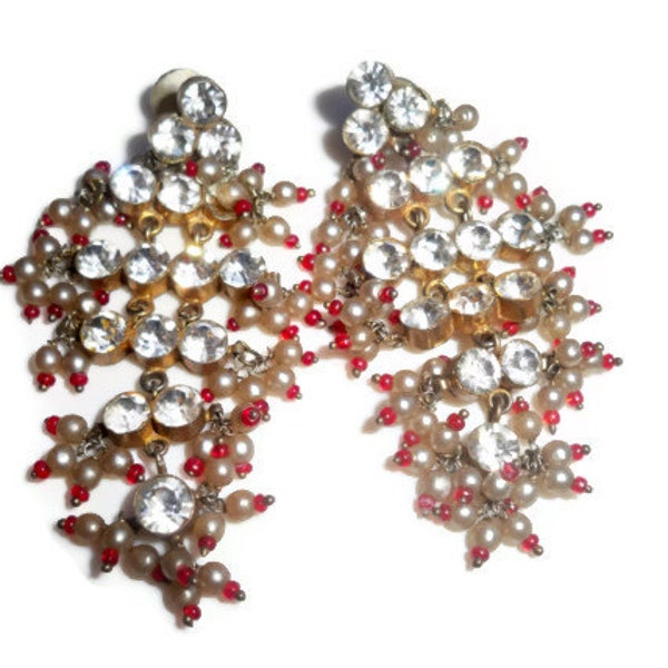 Vintage Rhinestone and Pearl Dangle Earrings from India - Glam Boho