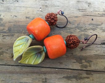 Tropics - Handmade Boho Chunky Earrings - Lampwork Leaf Headpins, Orange Stones, Prayer Beads, and Turquoise