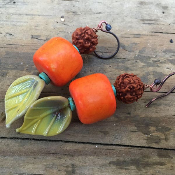 Tropics - Handmade Boho Chunky Earrings - Lampwork Leaf Headpins, Orange Stones, Prayer Beads, and Turquoise