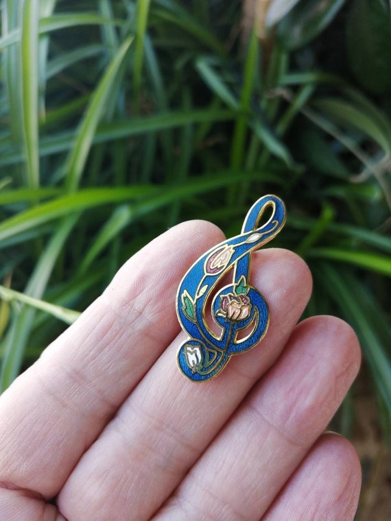 Treble Clef pin, Cloisonne blue music brooch, Mus… - image 5