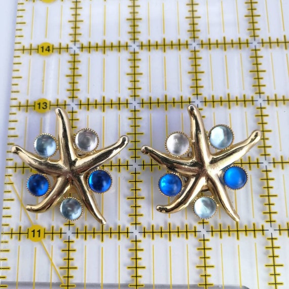 Vintage starfish earrings, gold and blue Large cl… - image 5