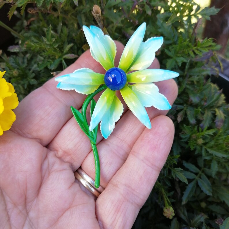 Vintage Enamel Flower Brooch, Retro Turquoise Daisy, Blue Flower Pin