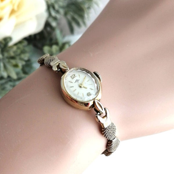 Vintage Solar cocktail watch in 14k SOLID gold, WORKING, Swiss movement, wristwatch from 1950s, Speidel GF mesh band, antique jewelry, rare