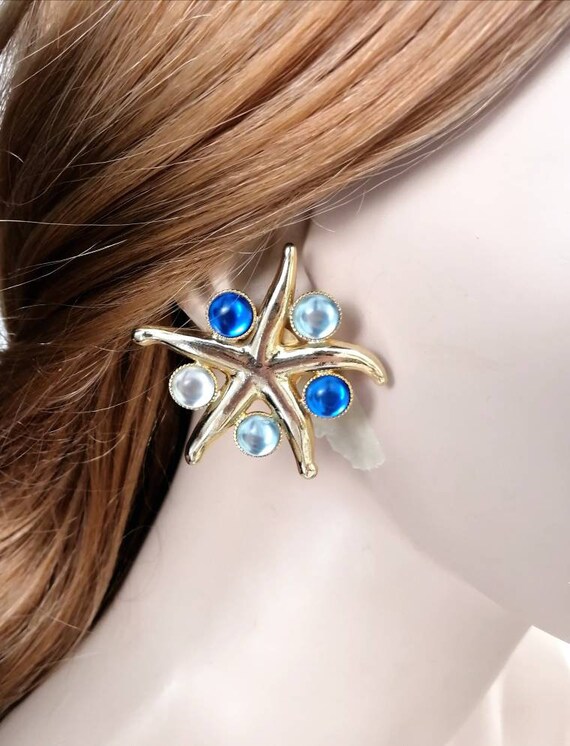 Vintage starfish earrings, gold and blue Large cl… - image 2