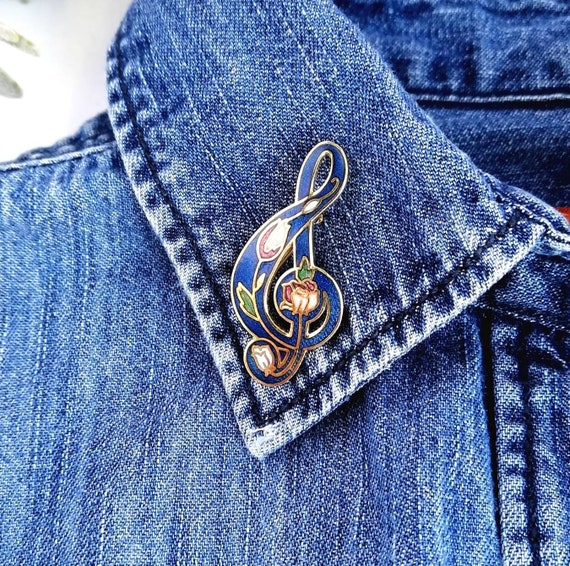 Treble Clef pin, Cloisonne blue music brooch, Mus… - image 3
