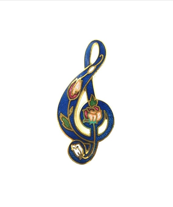 Treble Clef pin, Cloisonne blue music brooch, Mus… - image 1