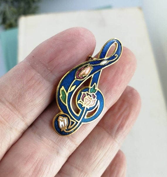 Treble Clef pin, Cloisonne blue music brooch, Mus… - image 2
