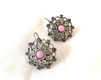 Antique silver flower earrings, pink and crystal leverback, vintage wedding,  filigree earrings, victorian style jewelry
