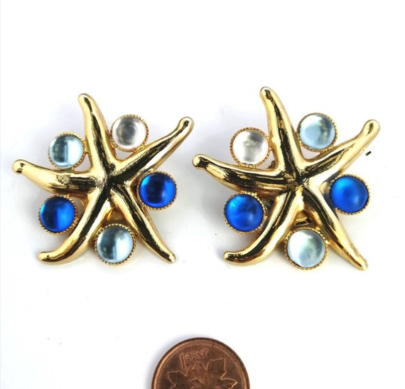 Vintage starfish earrings, gold and blue Large cl… - image 1