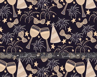 May include: Seamless pattern featuring champagne glasses, bow ties, fireworks, party hats, and stars in shades of gold and white on a dark blue background. The words "Pen A Pattern" and "Hand Drawn" are also visible.