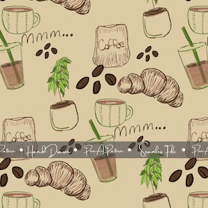 Könnte beinhalten: Ein nahtloses Muster mit Illustrationen zum Thema Kaffee. Das Design umfasst Kaffeetassen, Croissants, Kaffeebohnen, Kaffeetüten und Eiskaffeegetränke, alles im handgezeichneten Stil mit einer neutralen Farbpalette.