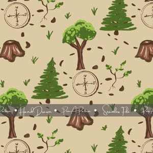 Peut inclure: Un motif sans couture dessiné à la main avec des arbres, des boussoles et du feuillage dans des tons de vert et de marron sur un fond beige. Le motif comprend le texte "Hand Drawn" et "Seamless File".