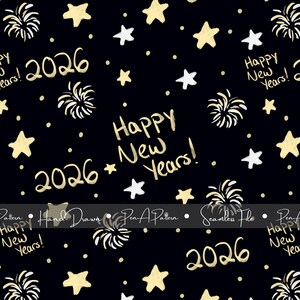 May include: A seamless pattern on a black background featuring gold and white stars, fireworks, and the text "Happy New Years! 2026". The design is hand-drawn and suitable for various festive applications.