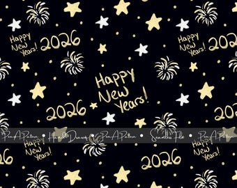 May include: A seamless pattern on a black background featuring gold and white stars, fireworks, and the text "Happy New Years! 2026". The design is hand-drawn and suitable for various festive applications.