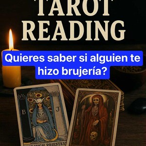 Könnte beinhalten: Werbung für eine Tarot-Lesung mit dem Text "SANTA MUERTE TAROT READING" und einer Totenkopf-Grafik. Zwei Tarotkarten sind zu sehen, eine mit "THE HIGH PRIESTESS" und die andere mit "SANTA MUERTE". Eine brennende Kerze und spanischer Text sind ebenfalls vorhanden.
