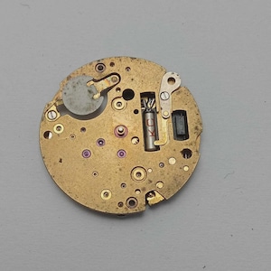 May include: Close-up of a vintage watch movement with a brass-colored base. The movement features various gears, screws, and a balance wheel. Small jewels and other components are visible, with a few components in red and purple.
