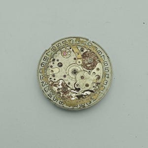 May include: Close-up of a watch movement with intricate gears, springs, and other mechanical components. The circular mechanism has a silver-coloured outer ring with numbers and a complex arrangement of internal parts in various metallic tones.