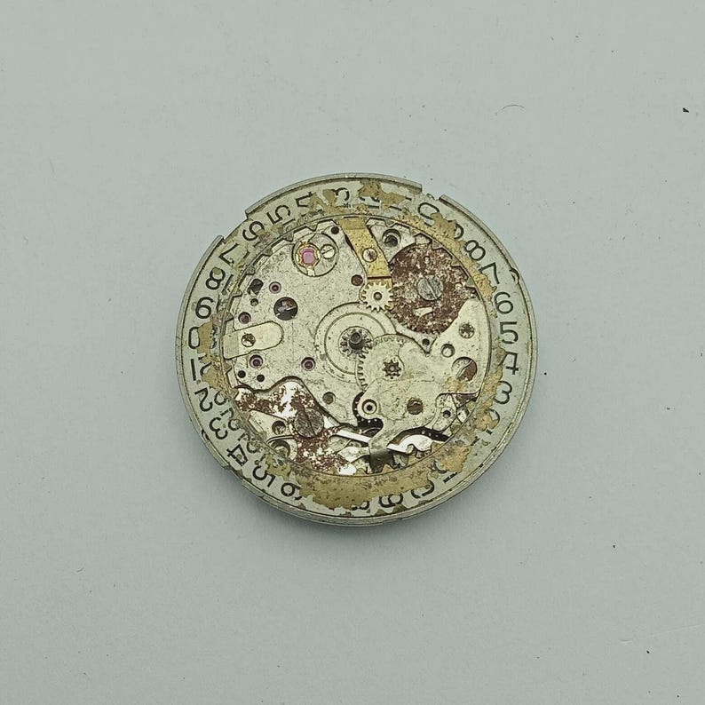 May include: Close-up of a watch movement with intricate gears, springs, and other mechanical components. The circular mechanism has a silver-coloured outer ring with numbers and a complex arrangement of internal parts in various metallic tones.