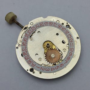 Pu&ograve; includere: Primo piano di un movimento di orologio con una base in metallo color argento. Il movimento presenta un datario con numeri rossi, un piccolo ingranaggio dorato e una vite con una testa color beige. Il meccanismo dell'orologio &egrave; un esempio dettagliato di orologeria.
