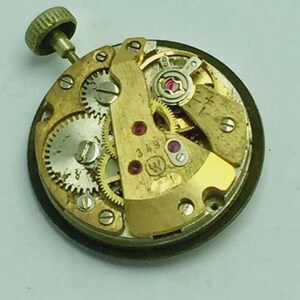 May include: Close-up of a watch movement with visible gears, screws, and a winding stem. The mechanism features gold-colored metal components, small red jewels, and the number "349" with a "W" logo. The watch movement is set against a dark background.