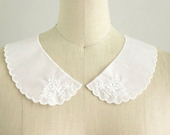 White Cotton Floral Embroidered Peter Pan Lace Collar Scallop Trim Vintage Style Collar Two Piece Collar