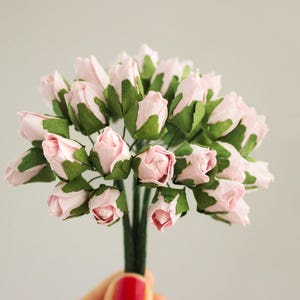 Vintage Bouquet Light Pink Paper Rosebud Flowers One Dozen Vintage Roses / 0.5 Inches 12mm Roses Wire Stems / Wedding Bridal Baby Shower