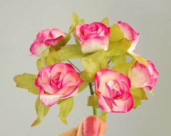 Hot Pink Two Tone Paper Flowers / 1 Inch 25mm Roses With Wire Stems / Set of Six Blossoms / Gift Wrapping Wedding  Bridal Party Favors