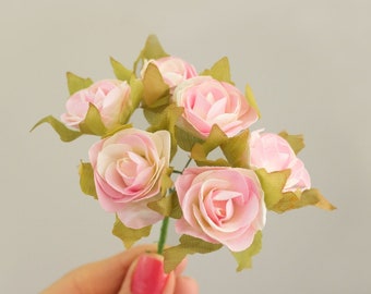 Pink And Ivory Two Tone Paper Flowers 1 Inch 25mm Roses With Wire Stems / Set of Six Blossoms / Gift Wrapping Wedding Bridal Party Favors