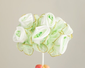 Satin Light Green Ruffle Gold Trimmed Rose Bouquet / 8 Flowers 20mm Bridal Floral Arrangement / Wedding Favors / Millinery / Party Gifts