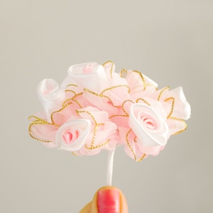 Satin PINK Ruffle Gold Trimmed Rose Bouquet / 8 Flowers 20mm / Bridal Floral Arrangement / Wedding Favors / Millinery / Decor Baby Shower