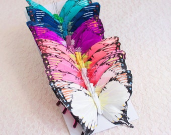 One Dozen Colorful Rainbow Feather Butterflies Large 5 Inch Wingspan 12 Butterfly Set Wedding Bridal Bouquet Cake Toppers Party Decorations