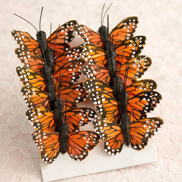 Feather Butterflies 12 Monarch Traditional Orange Bird Feather Butterflies 1.5 Inch Wingspan / Small Mini Size Butterfly / Cake Toppers