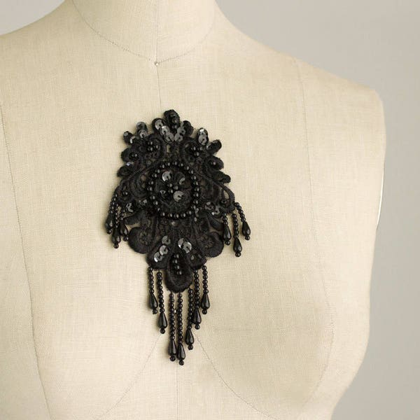 Black Beaded And Sequin Fringe Applique / Medallion / Oval / Vintage Flapper Style / Bridal / Wedding Dress Trim