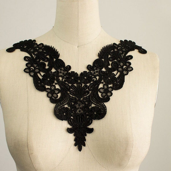 Black Rayon Venise Lace Applique Collar / Bridal Applique / Venetian Lace / Neckline / Vintage Style