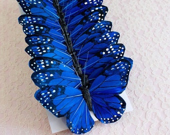 One Dozen Large Blue Feather Butterflies 12 Monarch Bird Feather Butterflies / 5 Inch Wingspan / Bridal / Wedding / Bouquets Cake Topper