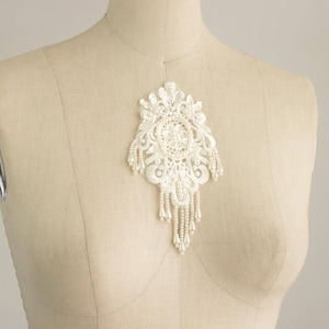 Embroidered Ivory Beaded Sequin Fringe Appliqué / Medallion / Oval / Vintage Flapper Style / Bridal / Wedding Dress Trim / Costume / Dance