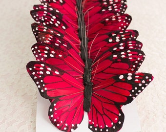 One Dozen Large RED Feather Butterflies 12 Monarch Bird Feather Butterflies 5 Inch Wingspan Bridal Wedding Butterfly Bouquet Decorations