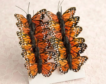 Feather Butterflies 12 Monarch Traditional Orange Bird Feather Butterflies 1.5 Inch Wingspan / Small Mini Size Butterfly / Cake Toppers