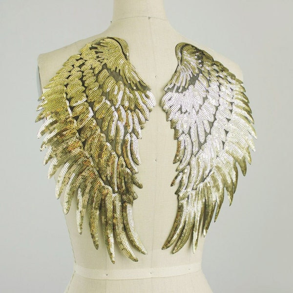 Extra Large GOLD Sequin Iron On Wings Shiny Angel Wing Fairy Appliqué Fashion Design Ironon Patches Jeans Jacket Costume Patch Shirt Top