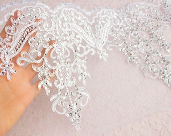 Queen Elizabeth Silver Embroidered Sequin Lace Sheer Mesh Trim / Available in IVORY WHITE & SILVER / Wedding Dress Bridal / Veil Lace